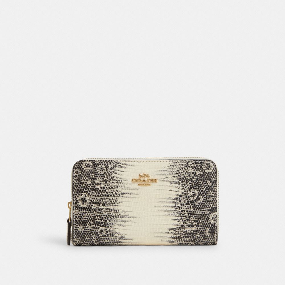 COACH®,MEDIUM ID ZIP WALLET,Novelty Leather,Mini,Gold/Natural,Front View