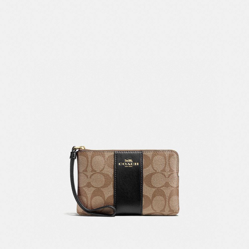 COACH®,CORNER ZIP WRISTLET IN SIGNATURE CANVAS,pvc,Gold/Khaki/Black,Front View