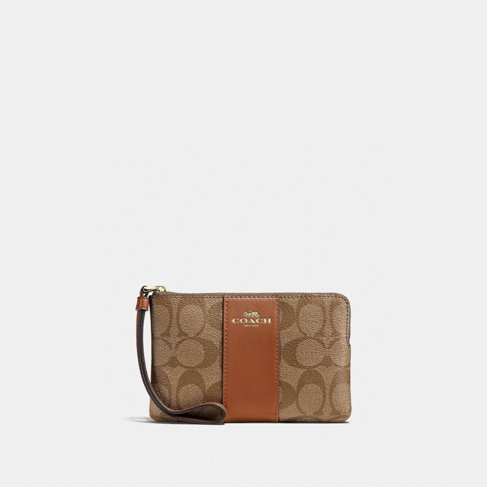 COACH®,CORNER ZIP WRISTLET IN SIGNATURE CANVAS,Signature Canvas,Gold/Khaki Saddle 2,Front View