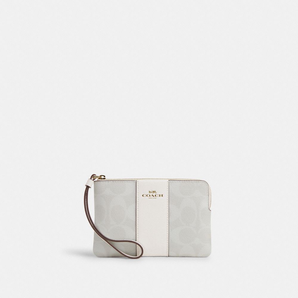 COACH®,CORNER ZIP WRISTLET IN SIGNATURE CANVAS,pvc,Gold/Chalk/Glacierwhite,Front View