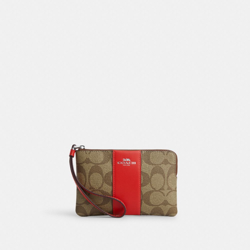 COACH®,CORNER ZIP WRISTLET IN SIGNATURE CANVAS,Signature Canvas,Silver/Khaki/Miami Red,Front View