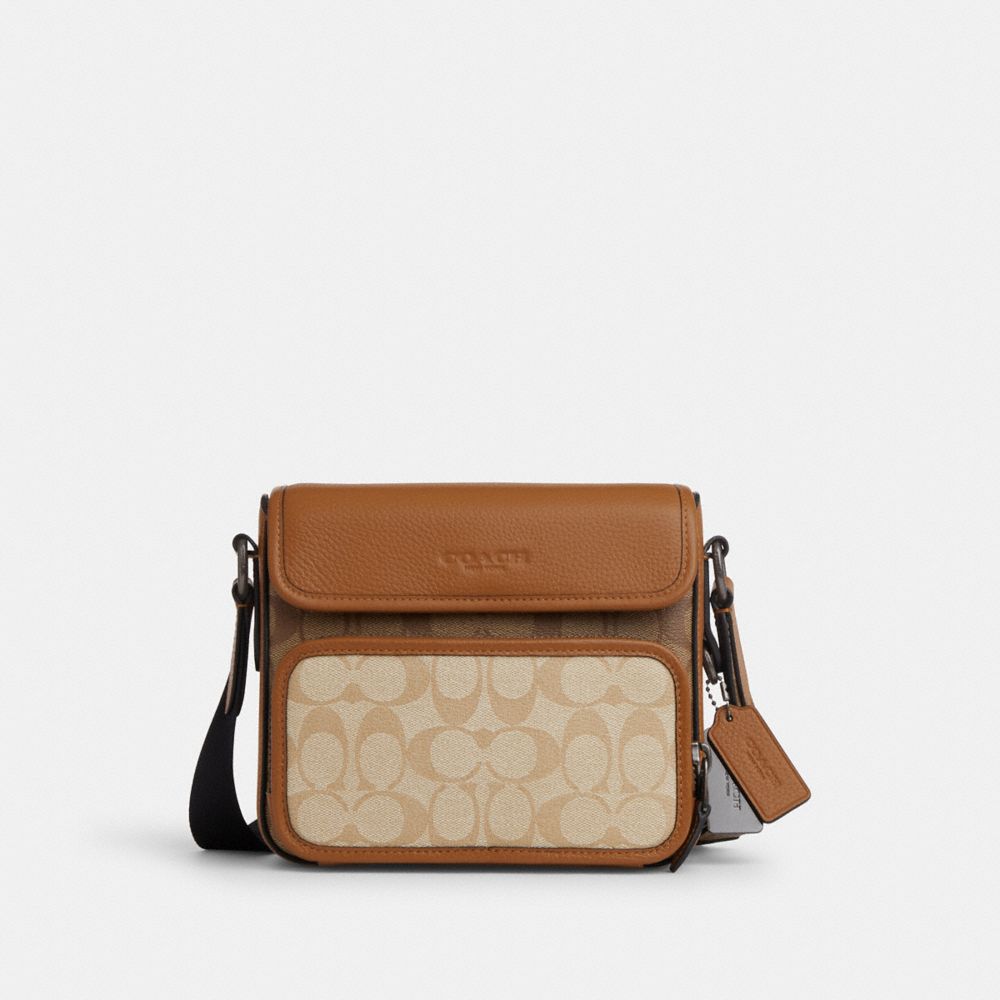 COACH®,SULLIVAN FLAP CROSSBODY BAG IN COLORBLOCK SIGNATURE CANVAS,pvc,Gunmetal/Light Saddle Multi,Front View