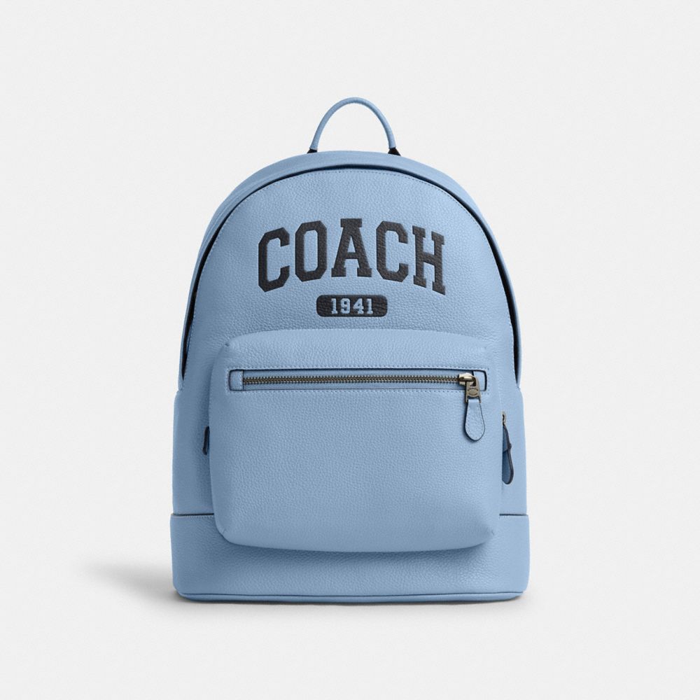 COACH®,SAC À DOS WEST VARSITY,Cuir,Bronze industriel/Centaurée,Front View