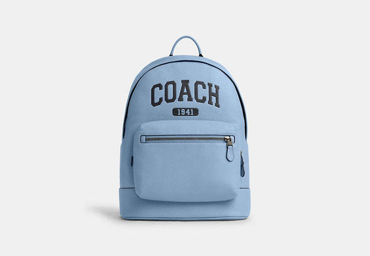COACH®,WEST BACKPACK WITH VARSITY,Leather,X-Large,Gunmetal/Cornflower,Front View