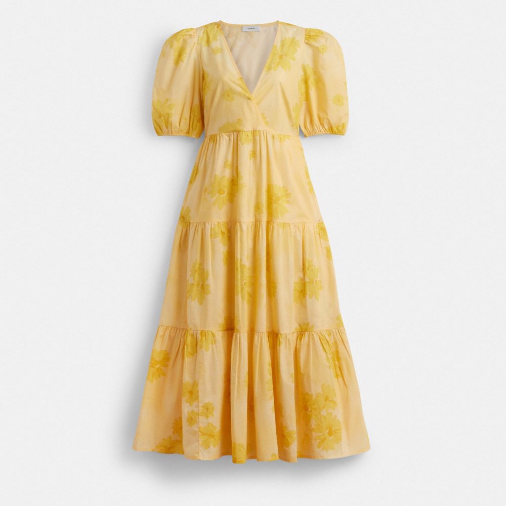 COACH®,LONG COTTON FLORAL DRESS,cotton,Yellow,Front View