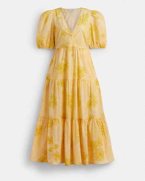 COACH®,LONG COTTON FLORAL DRESS,cotton,Yellow,Front View