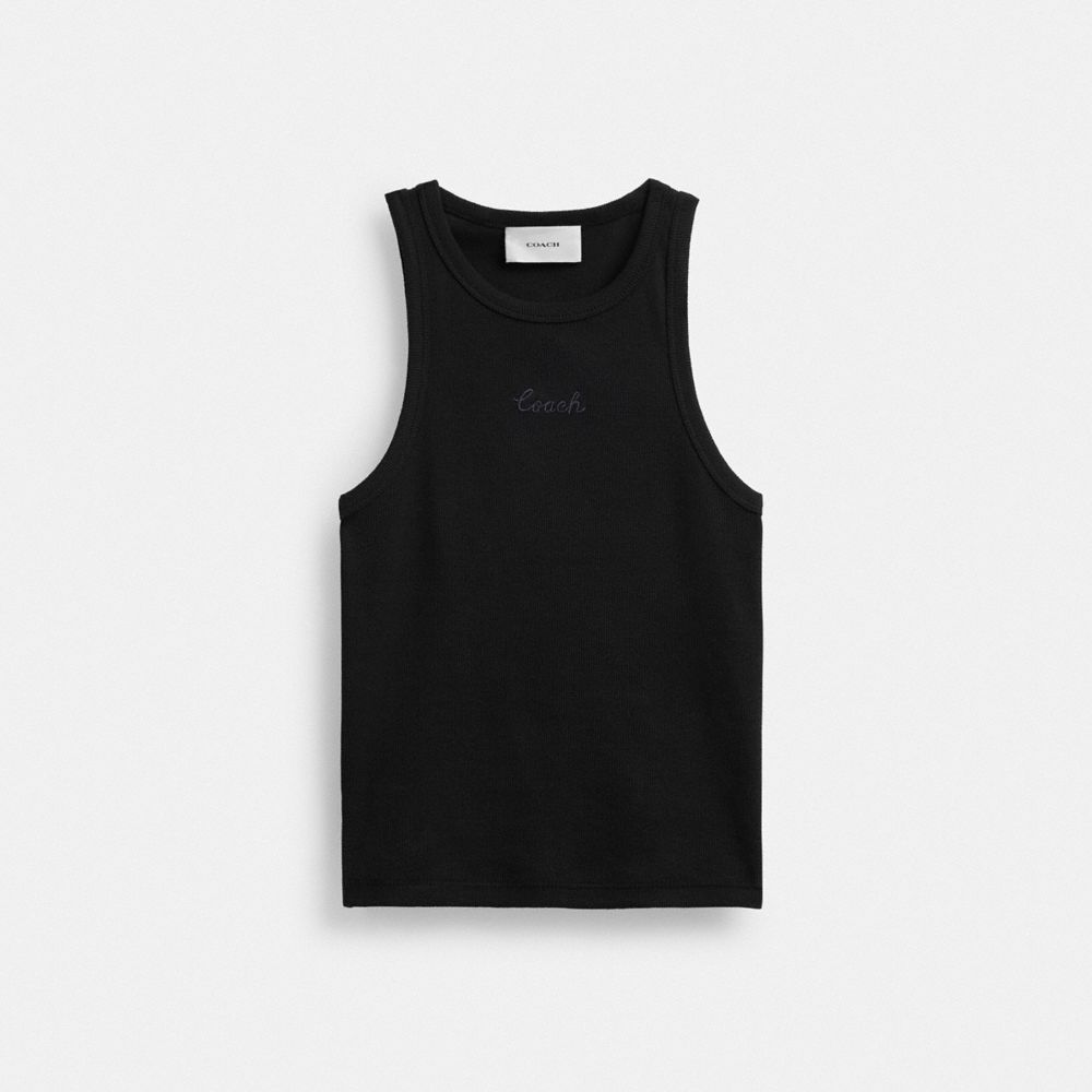 COACH®,RIBBED COACH SCRIPT TANK TOP,cotton,Black,Front View