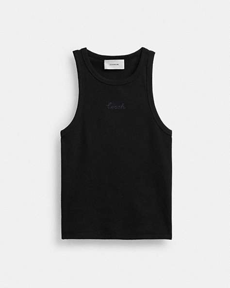 COACH®,RIBBED SIGNATURE TANK TOP,Black,Front View