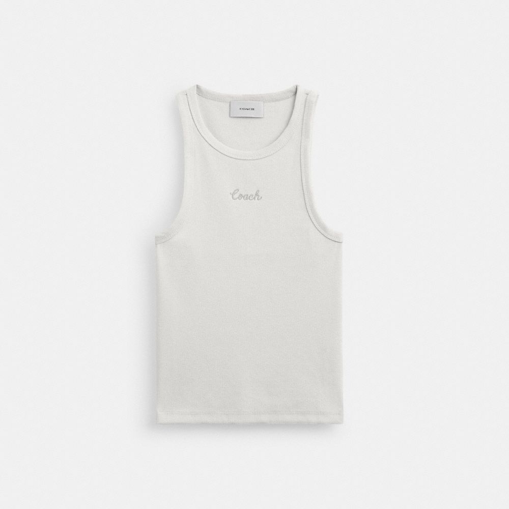 COACH®,RIBBED COACH SCRIPT TANK TOP,cotton,White,Front View