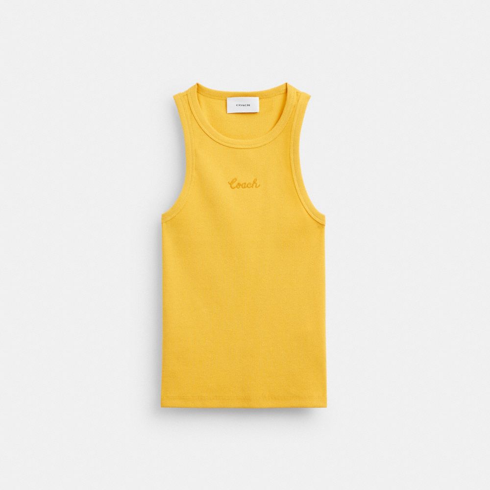 COACH®,RIBBED COACH SCRIPT TANK TOP,cotton,Yellow,Front View