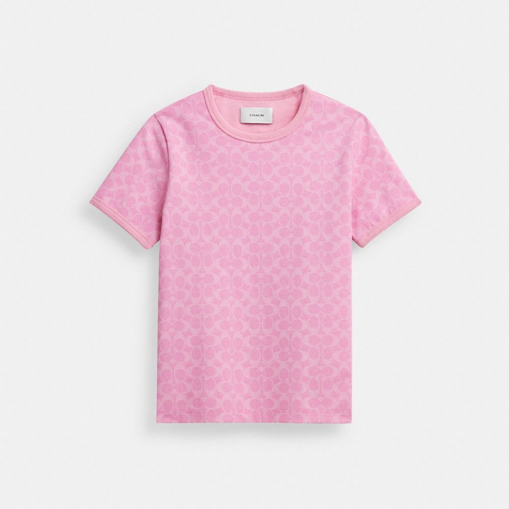 COACH®,SIGNATURE RINGER T-SHIRT IN ORGANIC COTTON,Pink Signature,Front View image number 0