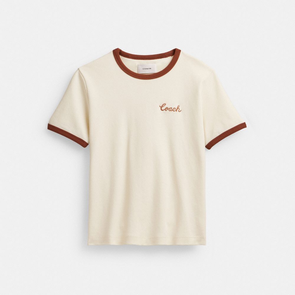 COACH®,COACH RINGER T-SHIRT,Saddle/Cream,Front View image number 0