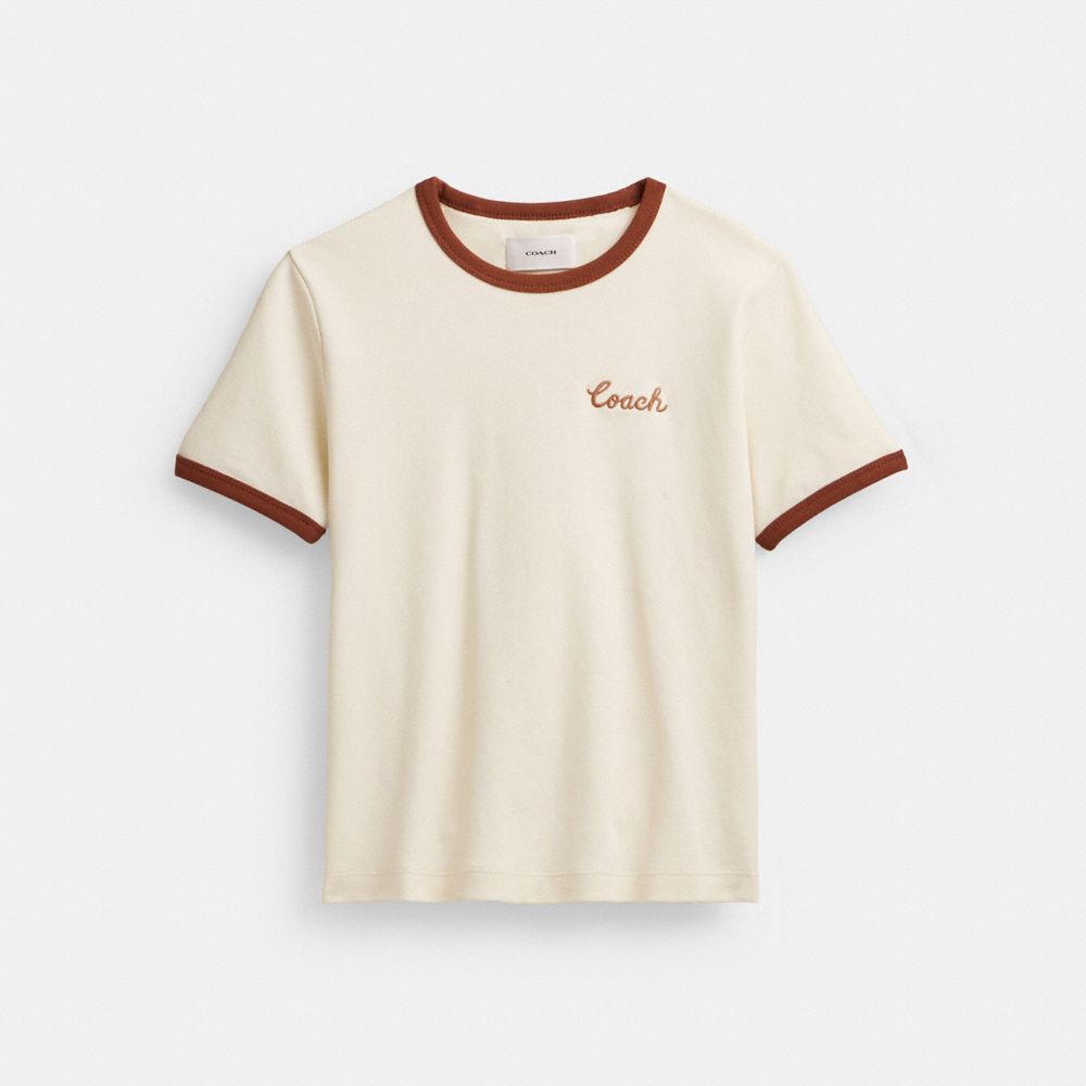 COACH®,Coach Ringer T Shirt,Cotton,T Shirt,Logo,Piping,Embroidered,Casual,Cream,Front View