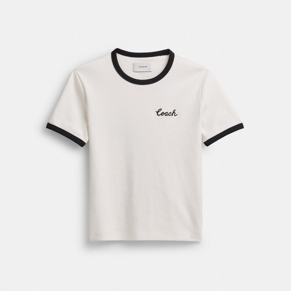 COACH®,COACH RINGER T-SHIRT,cotton,White,Front View image number 0