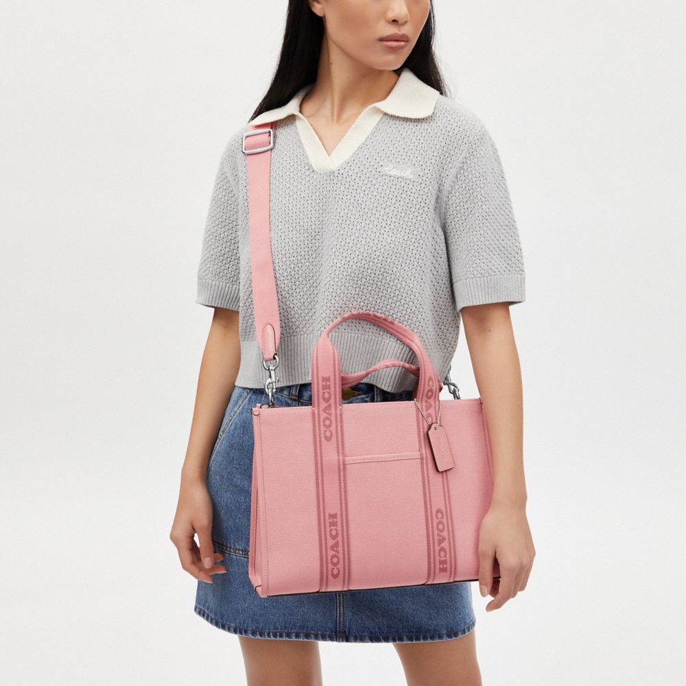 COACH®,Smith Tote Bag,Canvas,Calfskin Leather,Tote,Logo,Stripe,Piping,Gold Metal,Casual,Pink,Detail View