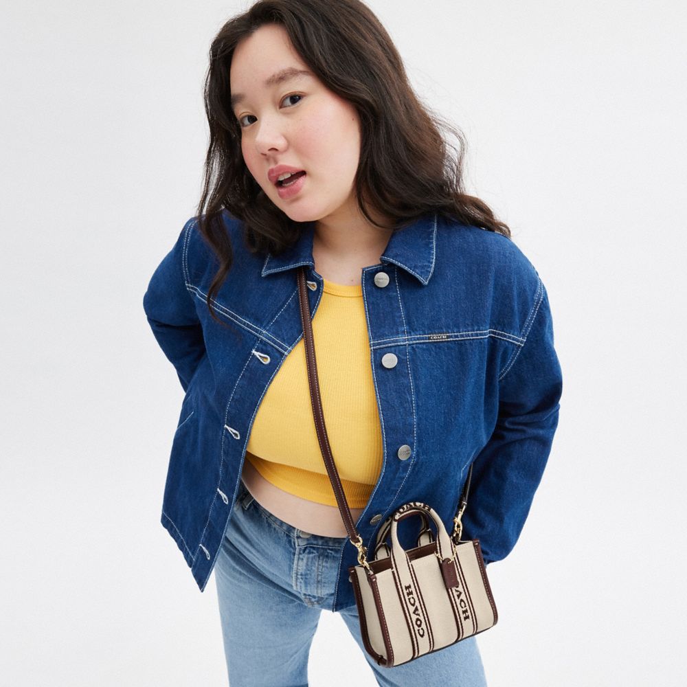 COACH®,Smith Mini Tote,Canvas,Cotton,Tote,Logo,Stripe,Gold Metal,Casual,Cream,Detail View