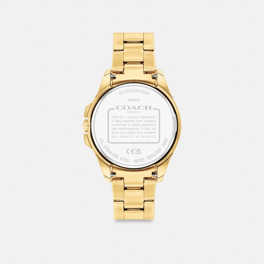 COACH®,Libby Watch, 37 Mm,Analog,Crystal,Logo,Water Resistant,Gold Metal,Work,,Back View