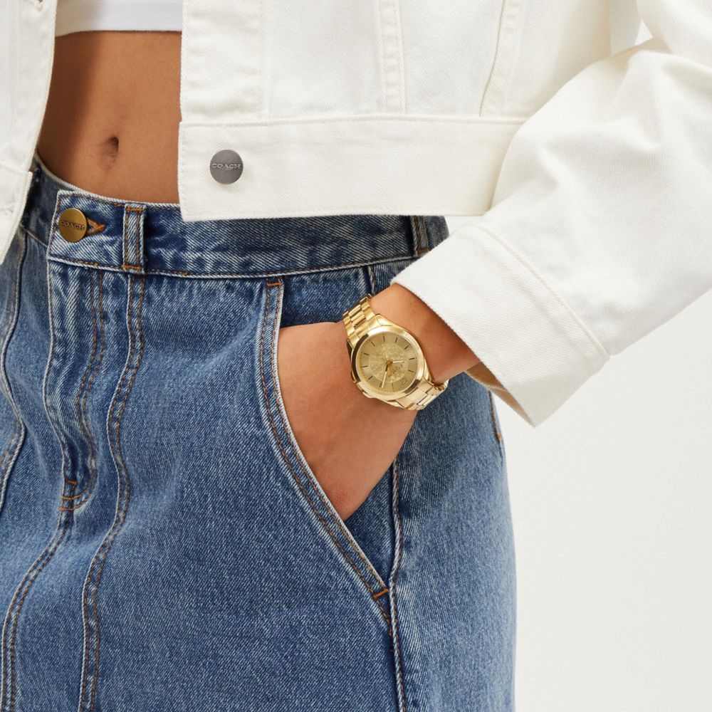 COACH®,Libby Watch, 37 Mm,Analog,Crystal,Logo,Water Resistant,Gold Metal,Work,,Detail View