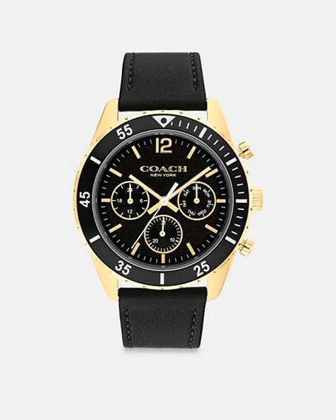 COACH®,COLE WATCH, 44MM,Leather,Black,Front View