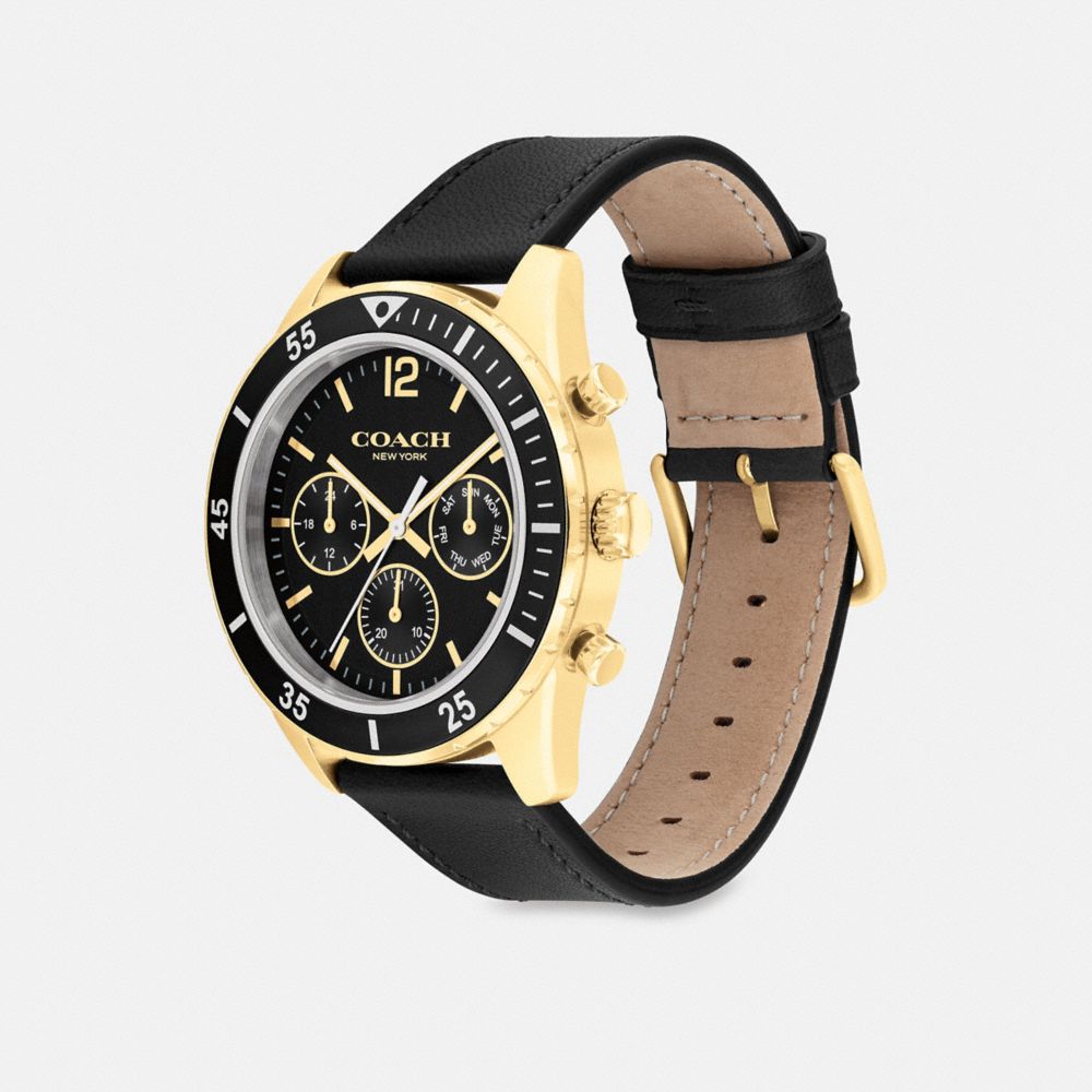 COACH®,MONTRE COLE, 44 MM,Cuir,Noir,Angle View