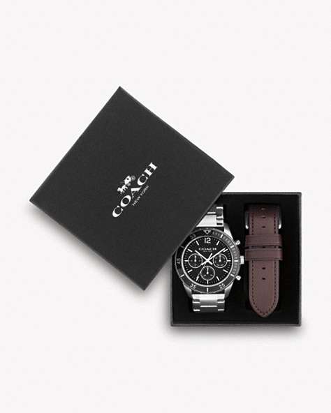 COACH®,COLE WATCH GIFT SET, 44MM,Leather,Brown,Front View