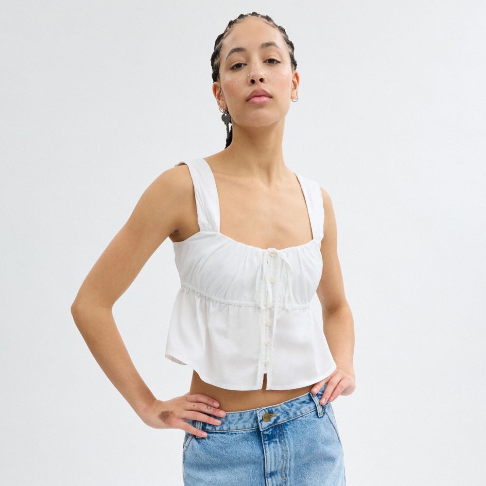 COACH®,Solid Top In Organic Cotton,Cotton,Tank,Empire,Ruched,Day Party,White,Scale View