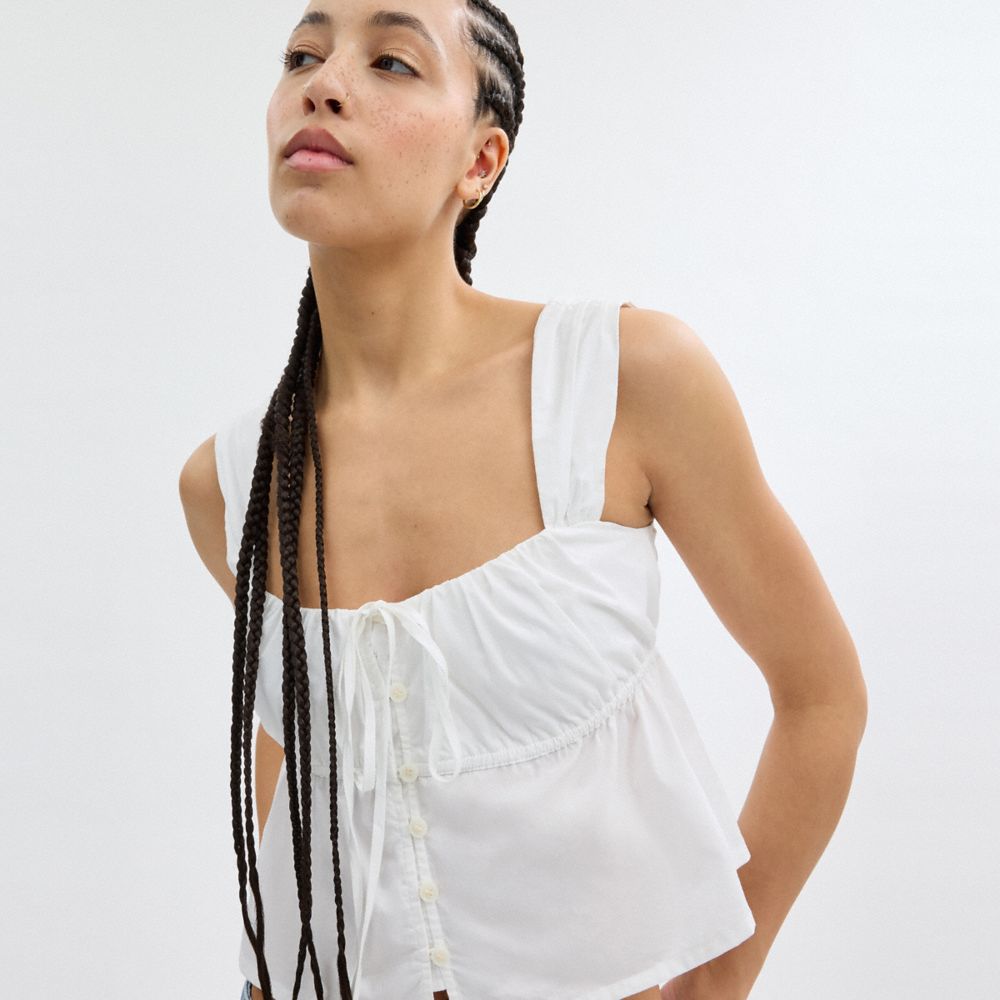 COACH®,Solid Top In Organic Cotton,Cotton,Tank,Empire,Ruched,Day Party,White,Detail View