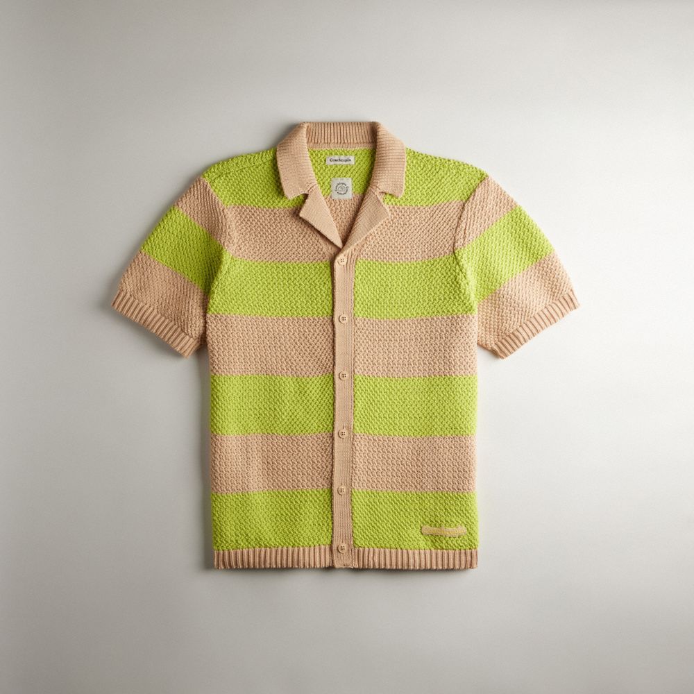 COACH®,Coachtopia Loop Crochet Button-Up Shirt,Beige/Green,Front View