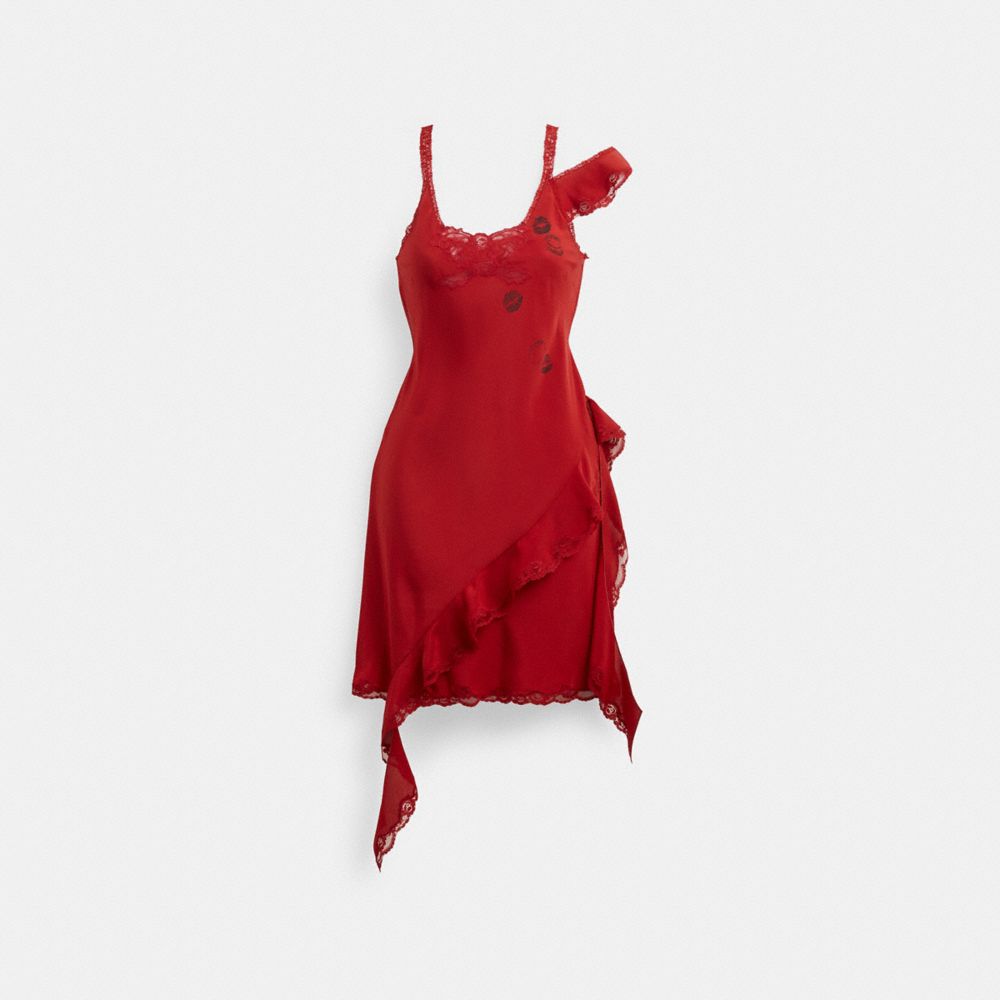 COACH®,MINI RUFFLE DRESS,Silk,Red,Front View image number 0
