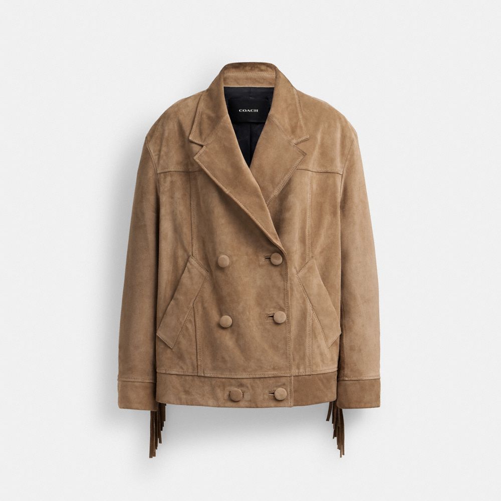 COACH®,SUEDE FRINGE JACKET,Dark Beige,Front View image number 0