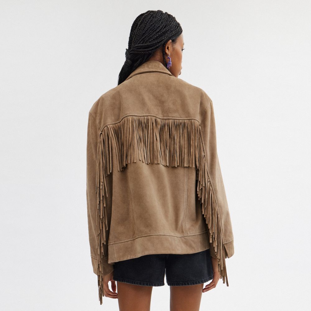 COACH®,VESTE À FRANGES EN SUÈDE,Beige sombre,Scale View