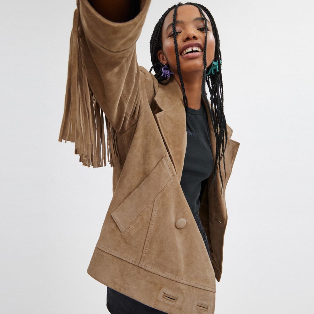 COACH®,VESTE À FRANGES EN SUÈDE,Suède,Beige sombre,Detail View