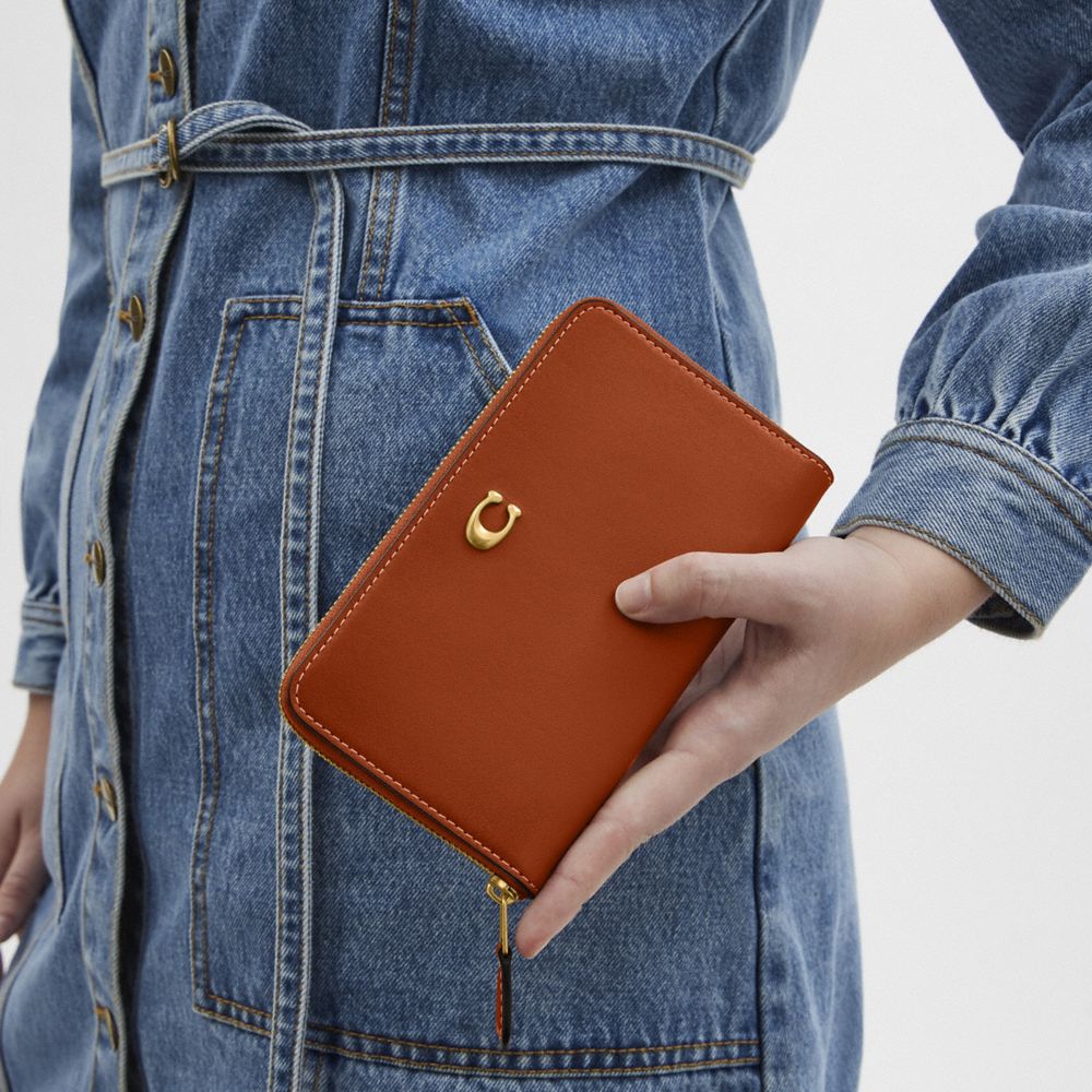 COACH®,Essential Medium Zip Around Wallet,Leather,Bi Fold,Logo,Metal,Casual,Brown,Detail View