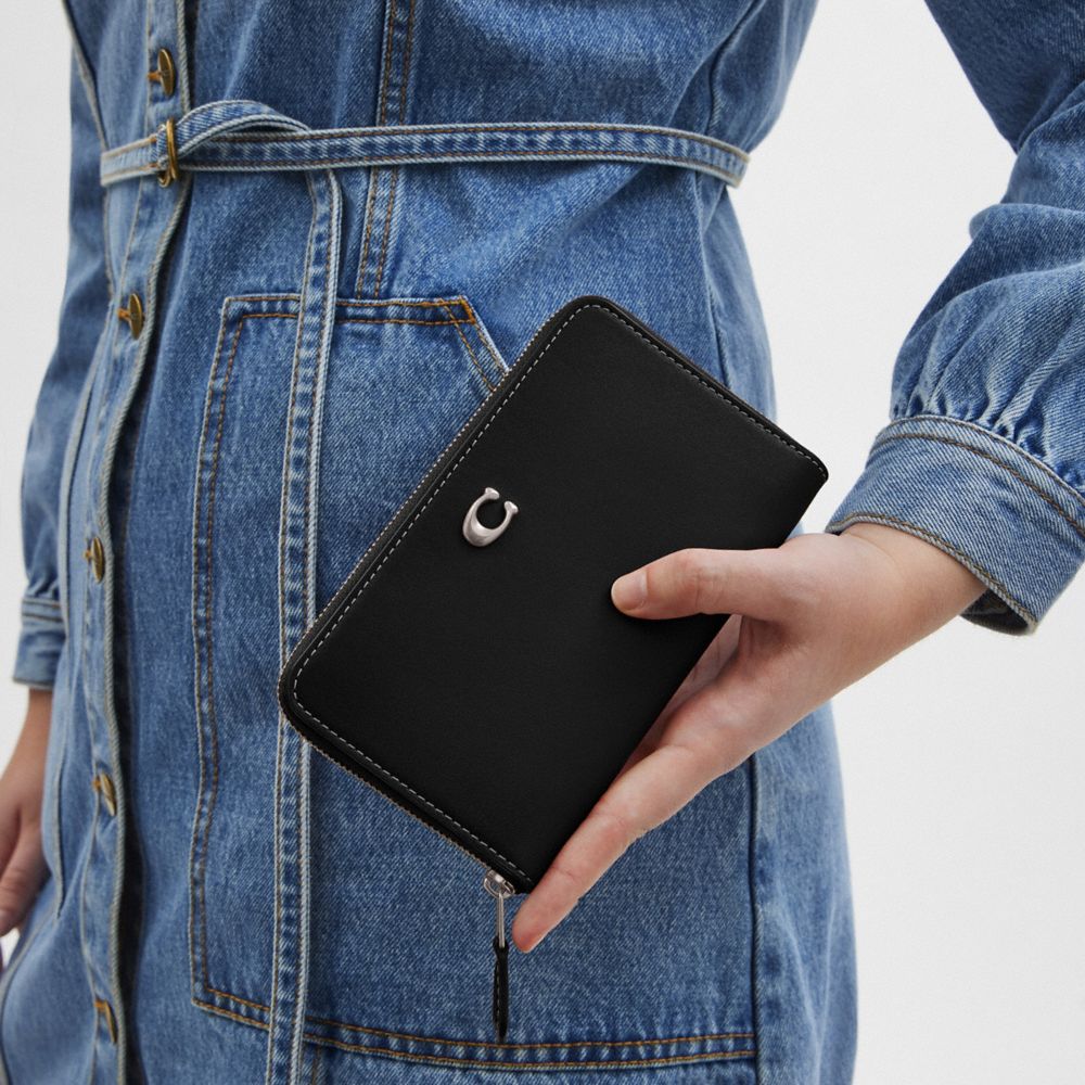 COACH®,Essential Medium Zip Around Wallet,Leather,Bi Fold,Logo,Metal,Casual,Black,Detail View