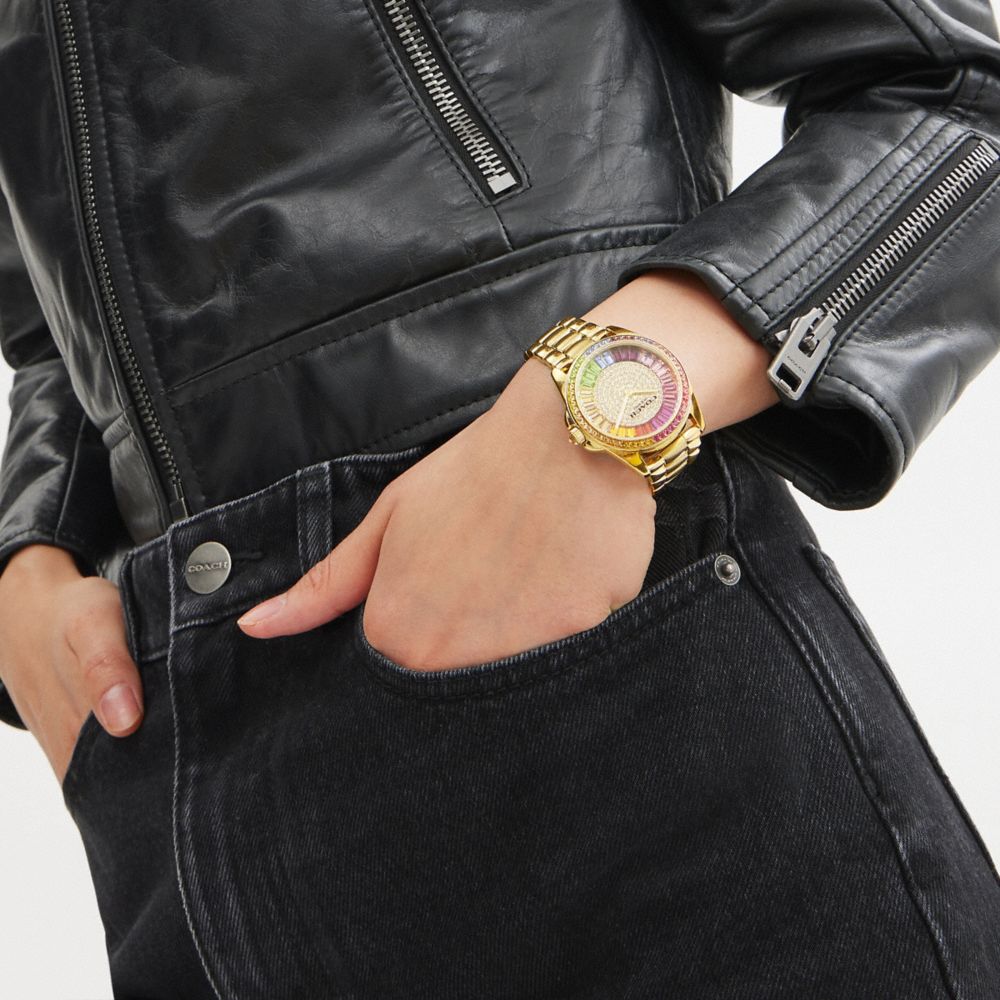 COACH®,Greyson Watch, 36 Mm,Analog,Crystal,Gem Embellishment,Logo,Word Embellishment,Water Resistant,Gold Metal,Cocktail,,Detail View