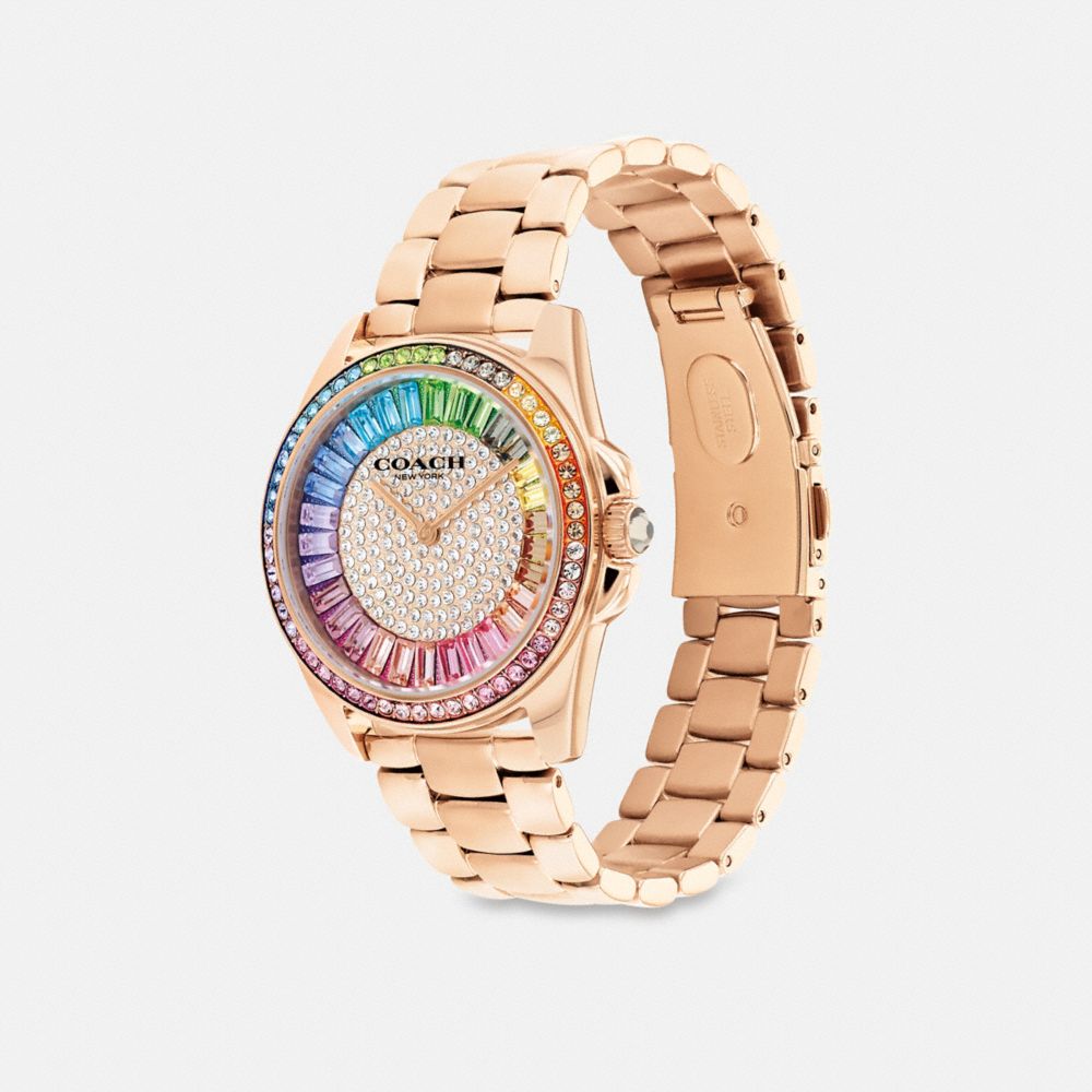 COACH®,Greyson Watch, 36 Mm,Analog,Crystal,Gem Embellishment,Logo,Word Embellishment,Water Resistant,Rose Gold Metal,Cocktail,,Angle View