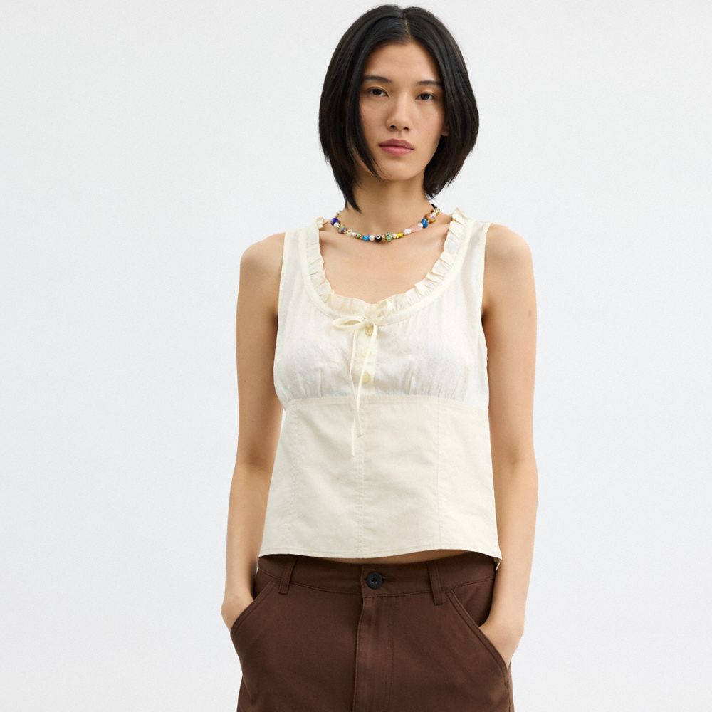 COACH®,Cargo Top,Silk,Cotton,Tank,Color Block,Ruffles,Ruched,Day Party,Multi Color,Scale View
