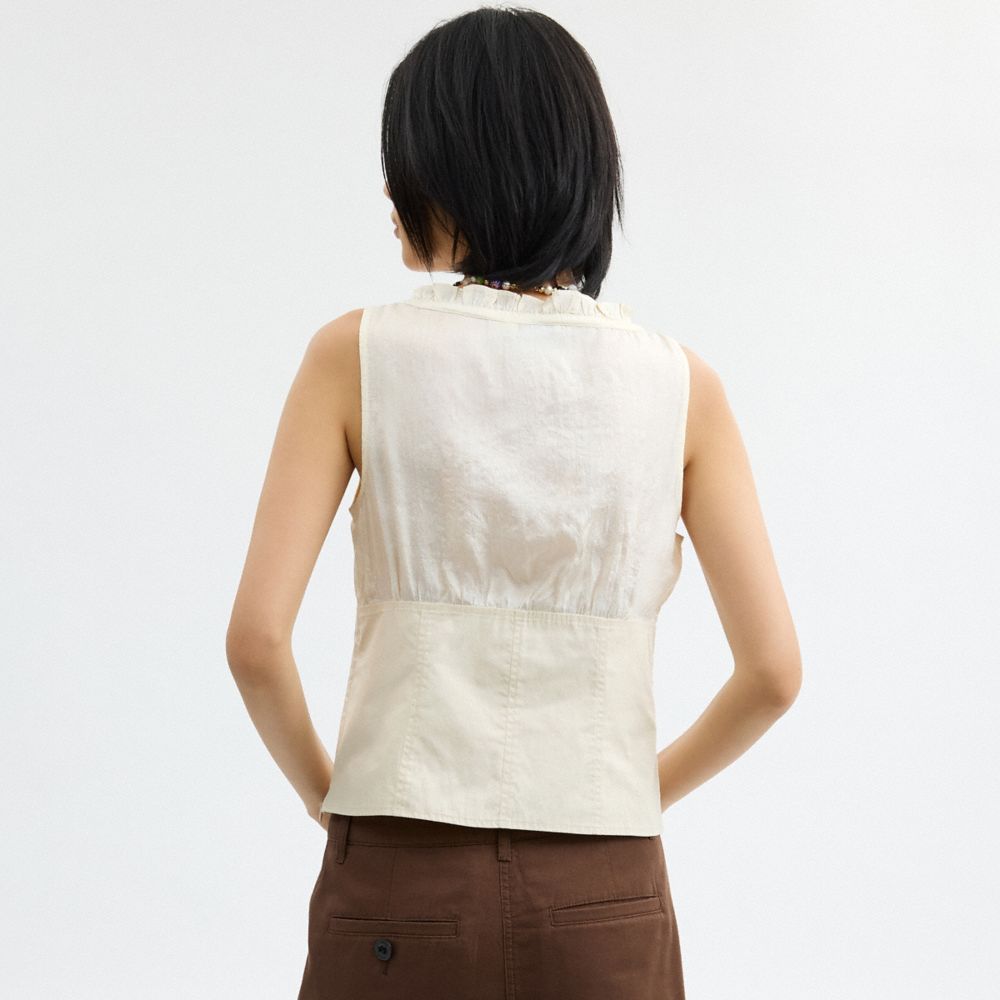 COACH®,Cargo Top,Silk,Cotton,Tank,Color Block,Ruffles,Ruched,Day Party,Multi Color,Scale View