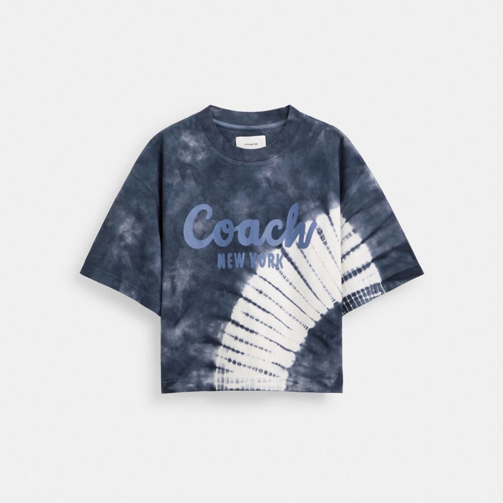 COACH®,TIE-DYE CURSIVE SIGNATURE CROPPED T-SHIRT IN ORGANIC COTTON,Organic Cotton,Navy Multi,Front View