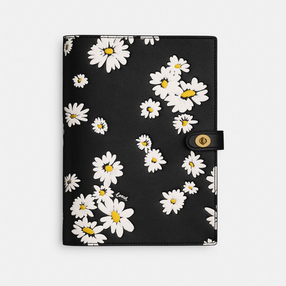 COACH®,NOTEBOOK WITH FLORAL PRINT,Glovetanned Leather,Brass/Black Multi,Front View