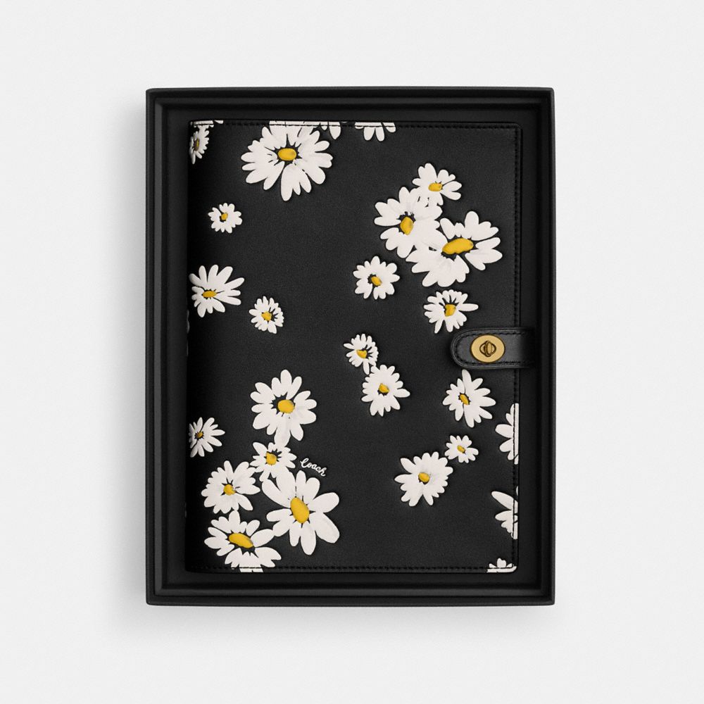 COACH®,Notebook With Floral Print,Leather,Notebook,Graphic,Black,Front View