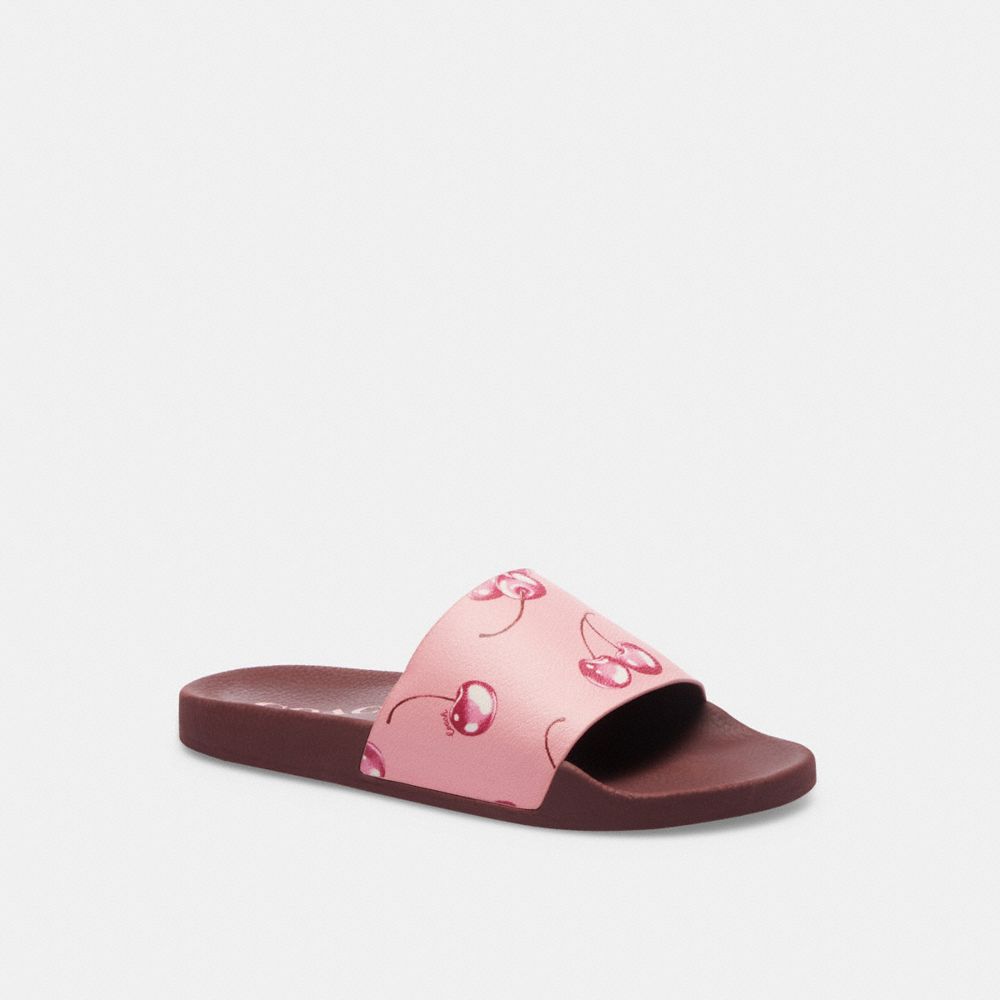 COACH®,ULI SPORT SLIDE IN SIGNATURE CANVAS WITH CHERRY PRINT,Flower Pink/Bright Violet,Front View