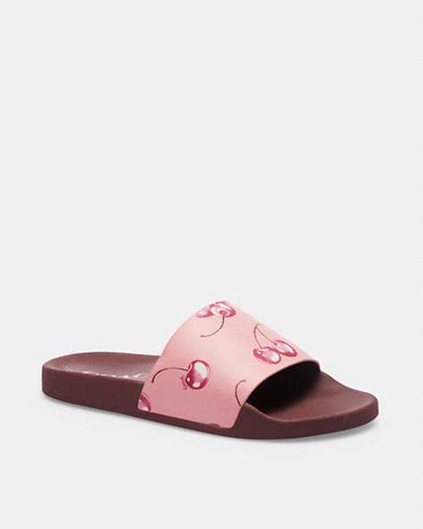 COACH®,ULI SPORT SLIDE IN SIGNATURE CANVAS WITH CHERRY PRINT,mixedmaterial,Flower Pink/Bright Violet,Front View