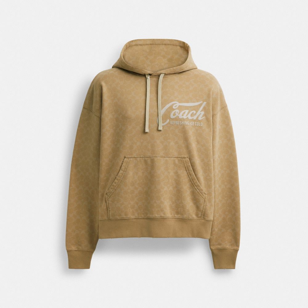 COACH®,SIGNATURE LONG SLEEVE RELAXED AMERICANA PULLOVER HOODIE,cotton,Khaki,Front View