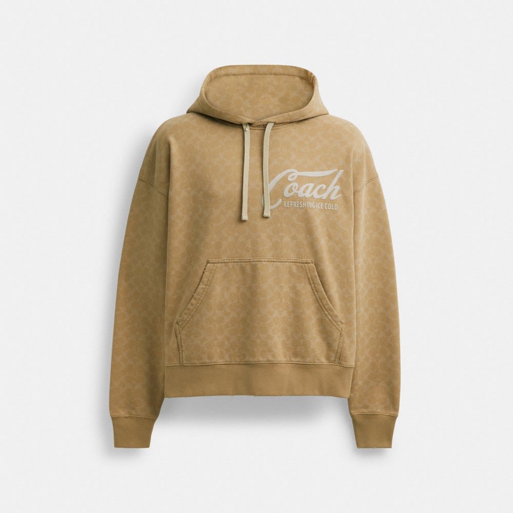 COACH®,SIGNATURE LONG SLEEVE RELAXED AMERICANA PULLOVER HOODIE,cotton,Khaki,Front View image number 0