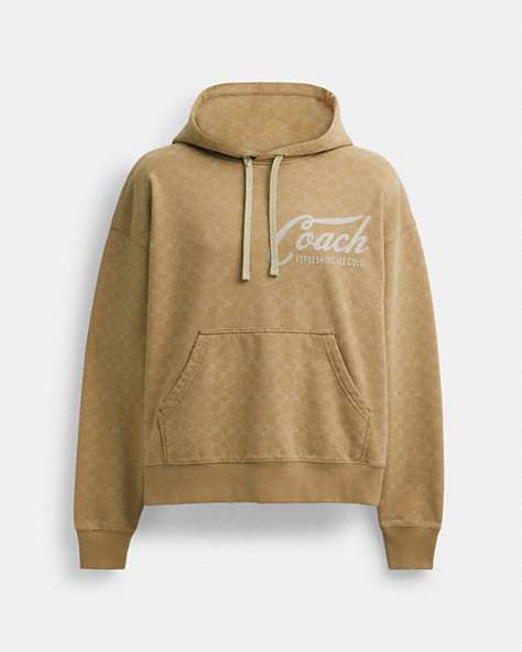 COACH®,SIGNATURE LONG SLEEVE RELAXED AMERICANA PULLOVER HOODIE,Khaki,Front View