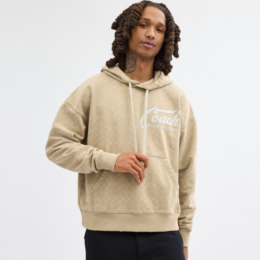 COACH®,SIGNATURE LONG SLEEVE RELAXED AMERICANA PULLOVER HOODIE,Khaki,Scale View