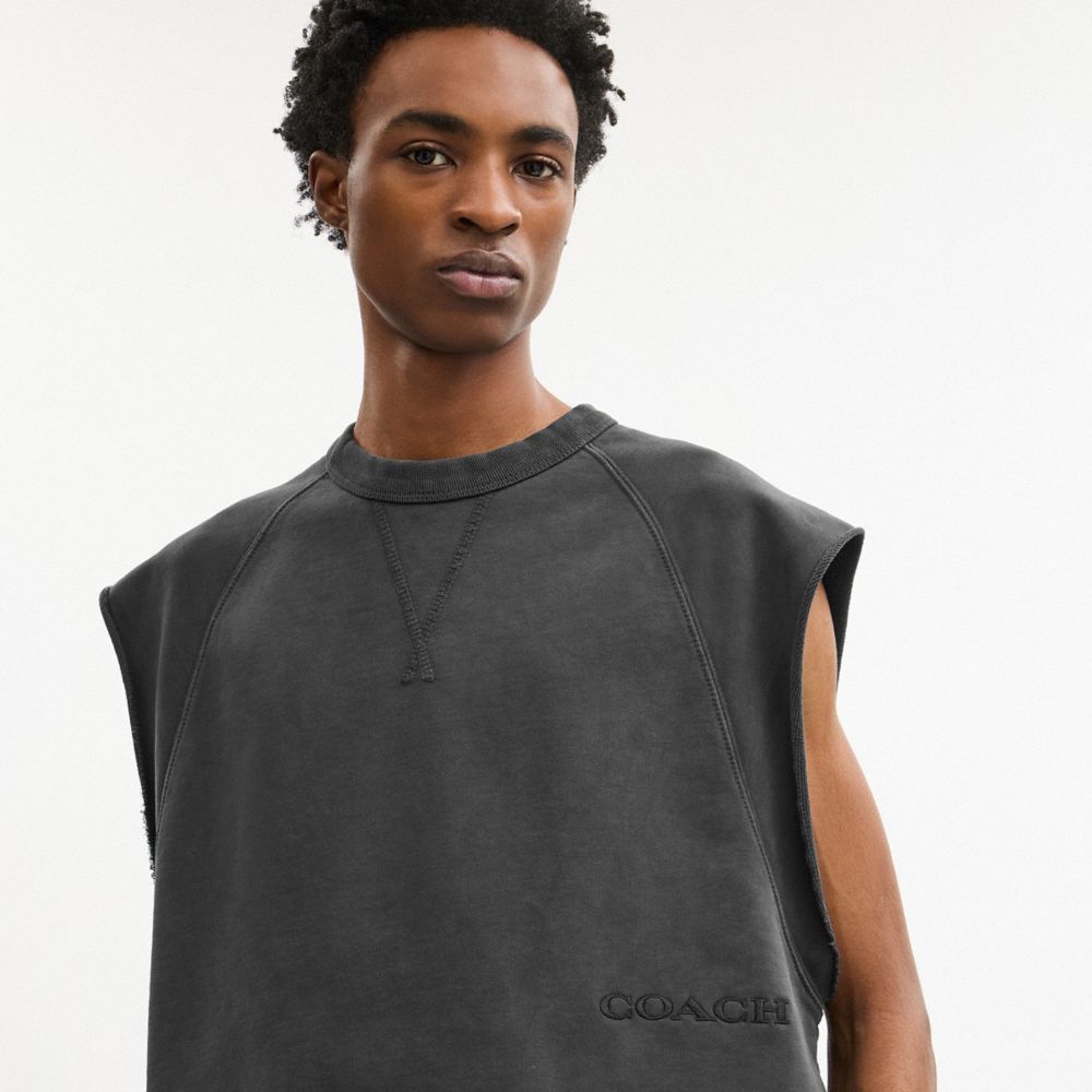 COACH®,Sleeveless Garment Dye Crewneck,Cotton,Tank,Logo,Embroidered,Casual,,Detail View