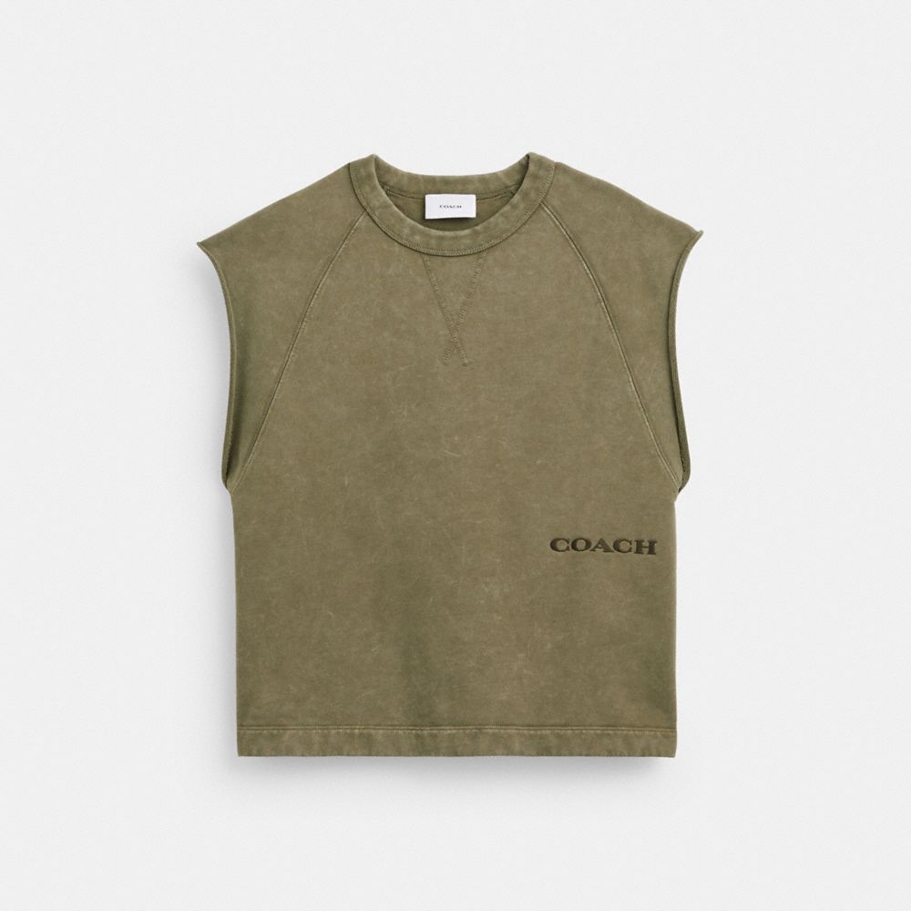 COACH®,SLEEVELESS GARMENT DYE CREWNECK,cotton,Olive,Front View image number 0