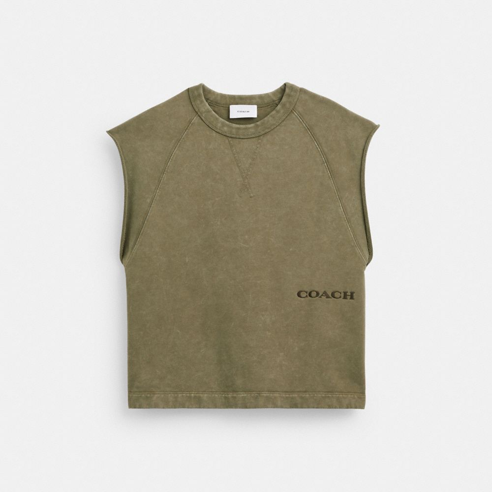 COACH®,SLEEVELESS GARMENT DYE CREWNECK,cotton,Olive,Front View